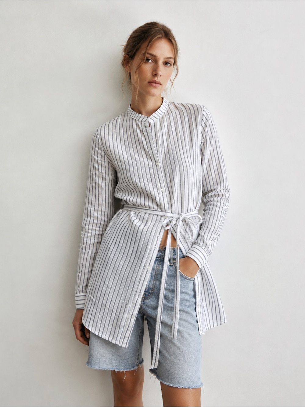 Linen/Cotton Blend Mandarin Collar Button Front Shirt